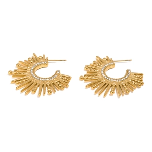 Minimalist 18K gold plated C-shaped earrings with sunburst design and zircon inlay