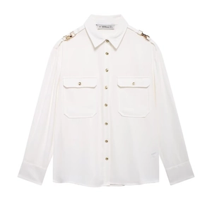Commuter style white crepe blouse with gold shoulder ornaments and flap pockets