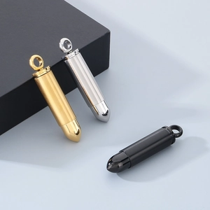 Bullet-shaped stainless steel pendants in gold, silver, and black finishes for necklaces