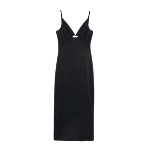Donna Abito Midi Elegante Poliestere Cut-Out Scollo A V Profondo Schiena Scoperta Senza Maniche Nero Aderente Festa