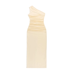Detail of elegant beige one-shoulder dress showing ruched fabric texture and slim fit design
