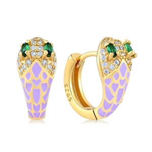 Detailed view of S925 snake earrings with purple enamel, green eyes and gold finish