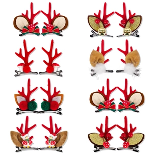 Set of 8 pairs Christmas reindeer antler hair clips with plush bells and sequin ears