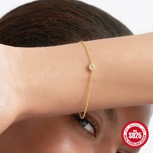 Minimalist S925 sterling silver gold chain bracelet with round white zircon for women