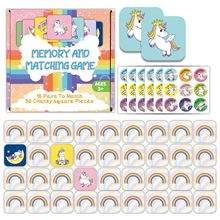 Detailed view of kids memory and matching game featuring 36 chunky unicorn rainbow cards