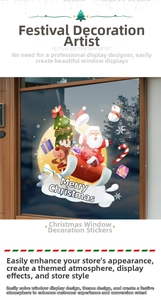 Detail of Christmas window clings with Santa and Reindeer on a glass display