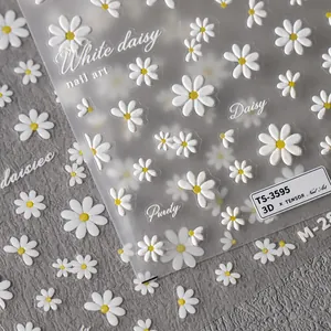 5D embossed white daisy nail art stickers TS-3595 with floral relief textures