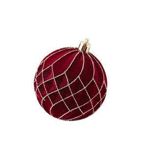 Burgundy flocked Christmas ball with gold glitter grid pattern for holiday tree decoration