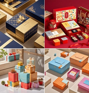 Detailed grid of luxury rectangular gift boxes in assorted colors with gold foil logos