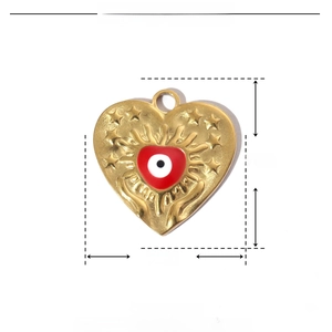 Detail view of a 17mm red enamel heart pendant with golden eye design and dimensions