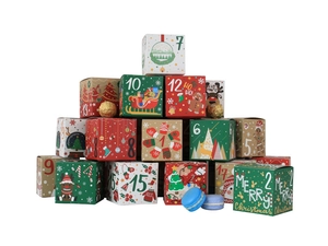 Close-up of colorful Christmas advent calendar gift boxes with festive illustrations