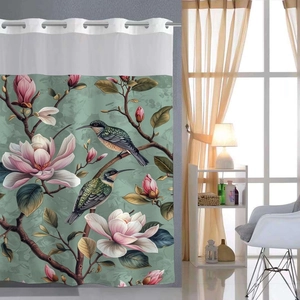 Detailed waffle weave shower curtain fabric with bird and pink flower patterns