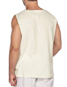 Rear view detail of beige men's sleeveless cotton linen shirt showing back cut and texture