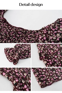 Detail design showing smocked bodice and ruffle cuffs on floral print brown dress