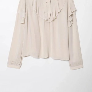 Elegant off-white long sleeve chiffon blouse with V-neckline and ruffle details