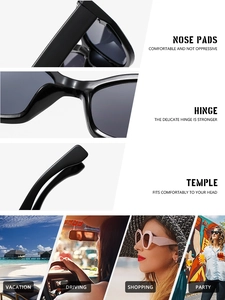 Detail view of cat eye sunglasses hinges and nose pads with multi-scene usage display