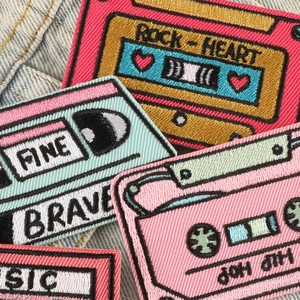 Retro cassette embroidered patch with music themes on denim background for DIY clothing