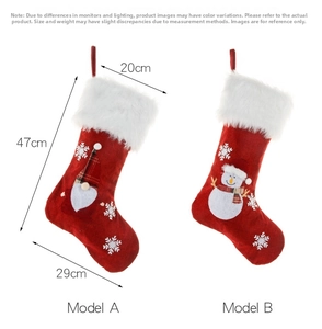 Red embroidered Christmas stockings with LED lights and plush trim in Santa and Snowman designs