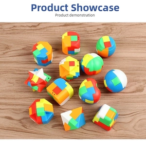 Detailed set of 12 colorful 3D geometric puzzle toys on a light wood background