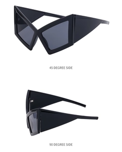 Detailed views of black butterfly-wing cat-eye sunglasses from 45 and 90 degree angles