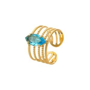 Gold plated multi-layer open ring featuring a blue marquise cut zircon gemstone