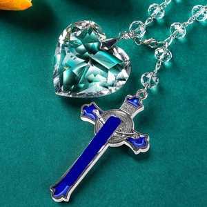 Car mirror charm with teal crystal heart and blue enamel silver cross pendant