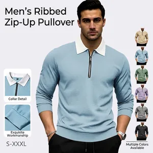 Men Waffle Knit Polo Shirt Long Sleeve Quarter Zip Contrast Lapel Casual Sporty Top Fashion Style Lightweight