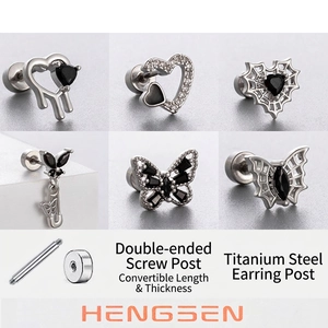 Cartilage Stud Earrings Titanium Steel Black Zircon Gothic Heart Butterfly Spider Web Screw Back Piercing Jewelry Women