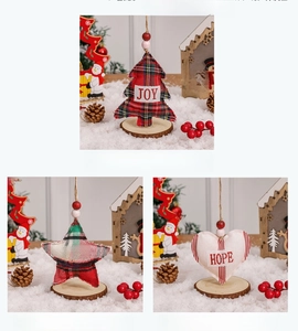 Set of fabric Christmas ornaments with JOY MERRY HOPE text and rustic wooden beads
