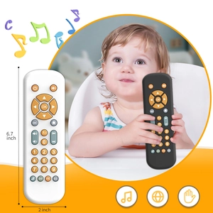 Baby toy TV remote control with multilingual buttons and 6.7x2 inch dimension detail