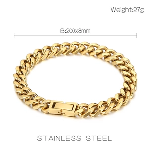 Polished gold stainless steel Cuban link bracelet with 8mm width and 200mm length