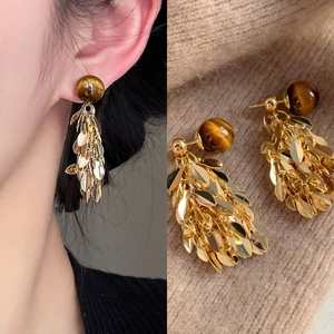 Tassel Drop Earrings With Alloy Leaf And Resin Tiger Eye Bead 925 Sterling Silver Earring Post Vintage Style For Women