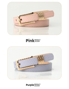 Detail showing pink and purple slim leather belts with golden wavy buckles