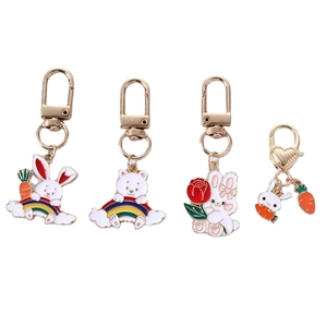 Hip hop cartoon zinc alloy keychain set with colorful bunny and bear pendants