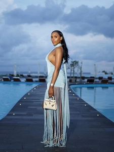 Light blue halter backless fringe dress for women perfect for resort or evening parties