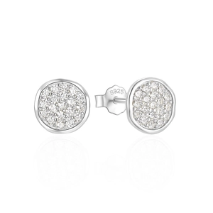 Close-up of S925 sterling silver stamp and pave setting cubic zirconia stud earrings