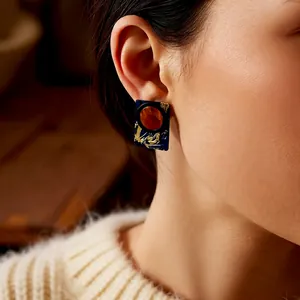 Vintage rectangle resin earrings with blue marble texture and golden abstract artistic patterns