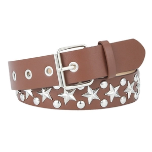Brown leather punk belt with silver star studs and metal roller buckle on white background