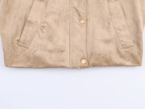 Close-up of khaki suede jacket hem showing metallic buttons and side pocket details