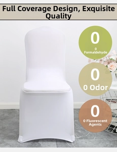 Close-up of white stretch chair cover with seamless full-wrap design and eco-friendly fabric