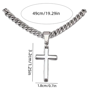 Detail view of silver punk cross pendant with dimensions and Cuban link chain texture