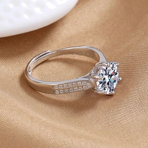 Luxury six-prong silver engagement ring with 2-carat round zircon and pavé side stones