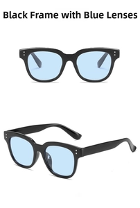 Detail view of retro square black frames with blue lenses and silver studs