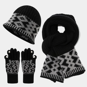 Detail of knit winter set with geometric patterns and touchscreen fingertips