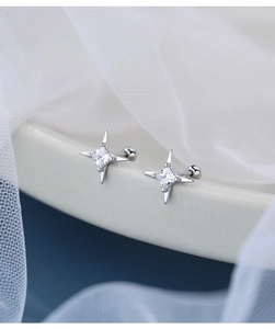 Macro shot of S925 silver star earrings with square zircon and screw back closure