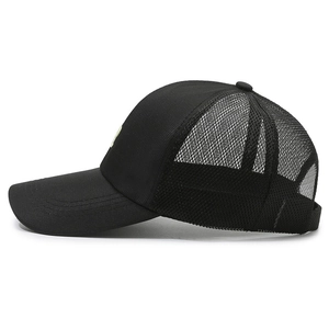 Classic black quick-dry trucker hat with breathable large-hole mesh and pre-curved brim