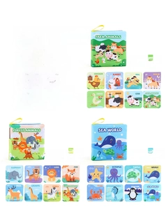 Three educational baby cloth books featuring farm, forest, and sea world animal themes
