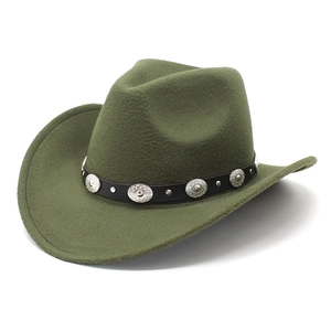 Detailed view of olive green felt cowboy hat featuring silver rivets on a black band