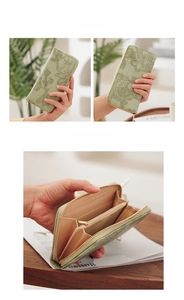 Detail view of light green long wallet with floral embossing and multi-card slots structure