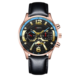 Men's quartz chronograph watch with rose gold case, black dial and leather strap